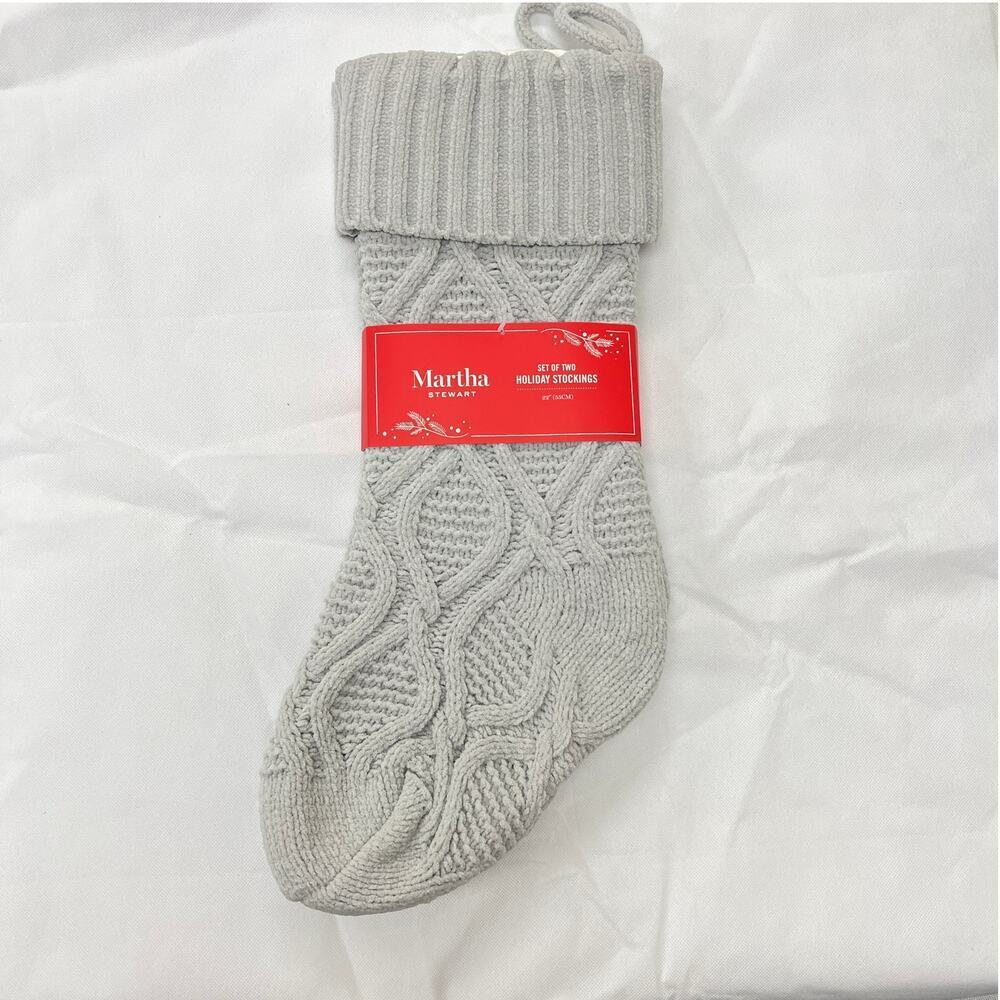 Martha Stewart Gray Knit Christmas Stocking 22" Set of 2 Chunky Cable Knit
